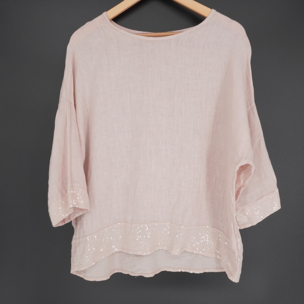 Bella Umbra Linen Top Womens L Blush Pink Sequins Relaxed Coastal Beach Italy - Picture 11 of 12